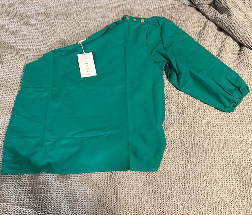 NAZEERAH Oasis Green One-Shoulder Long Puff Sleeve Top Blouse Size XL